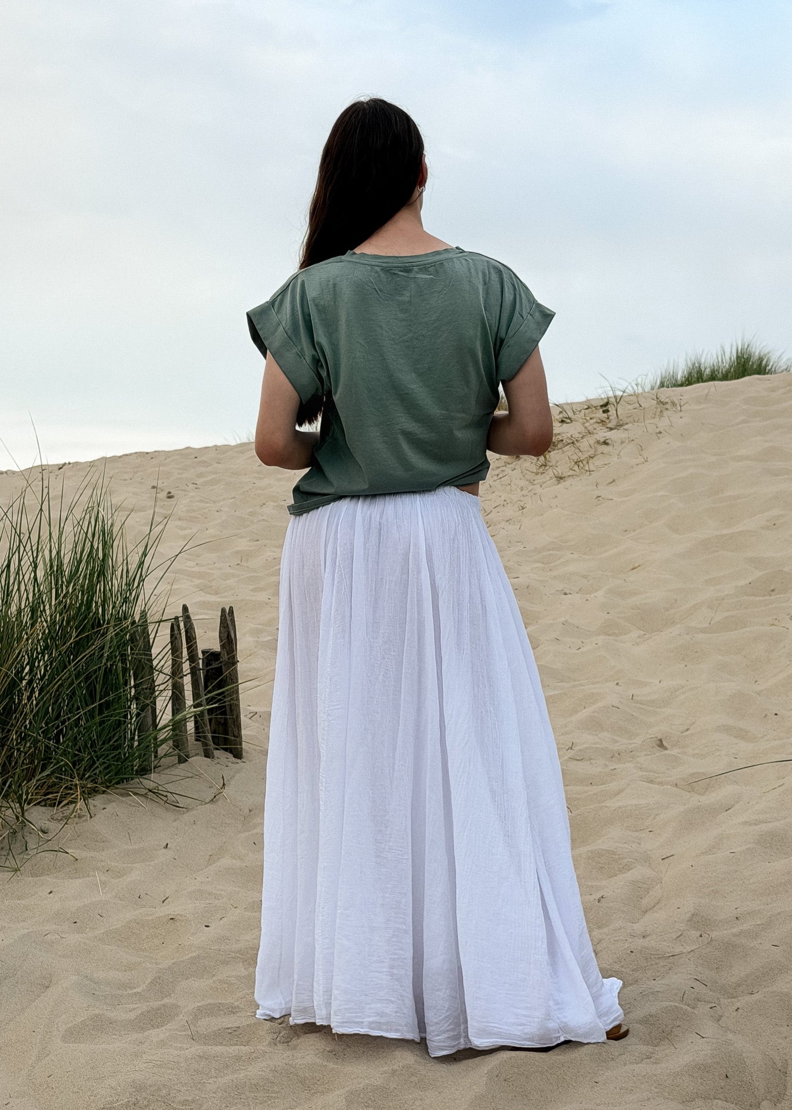 Jupe longue femme en voile de coton froissé blanc, coupe fluide, Dune & Coton — Couleur: Blanc