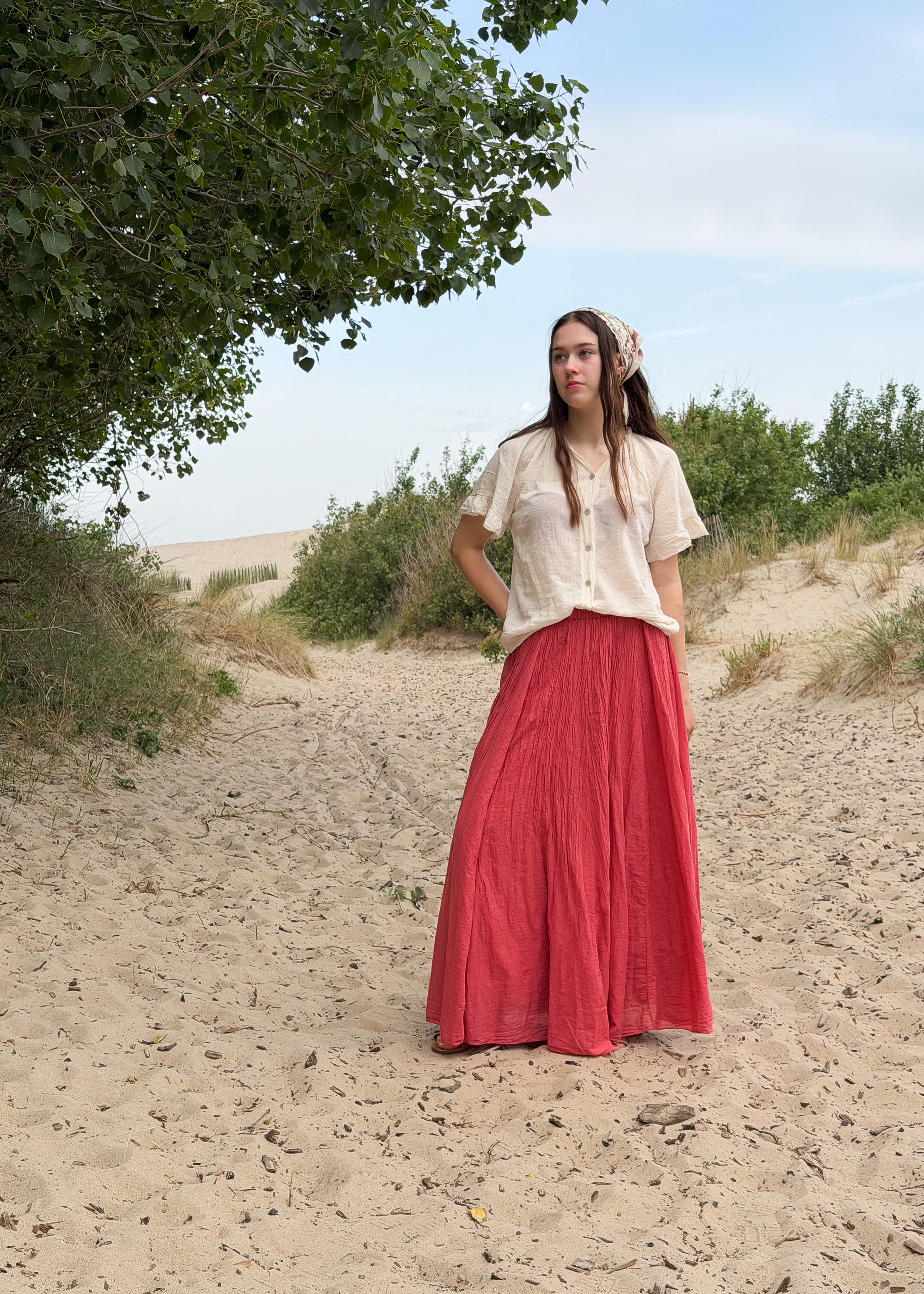 Jupe longue femme en voile de coton froissé terracotta, coupe fluide, Dune & Coton — Couleur: Terracotta