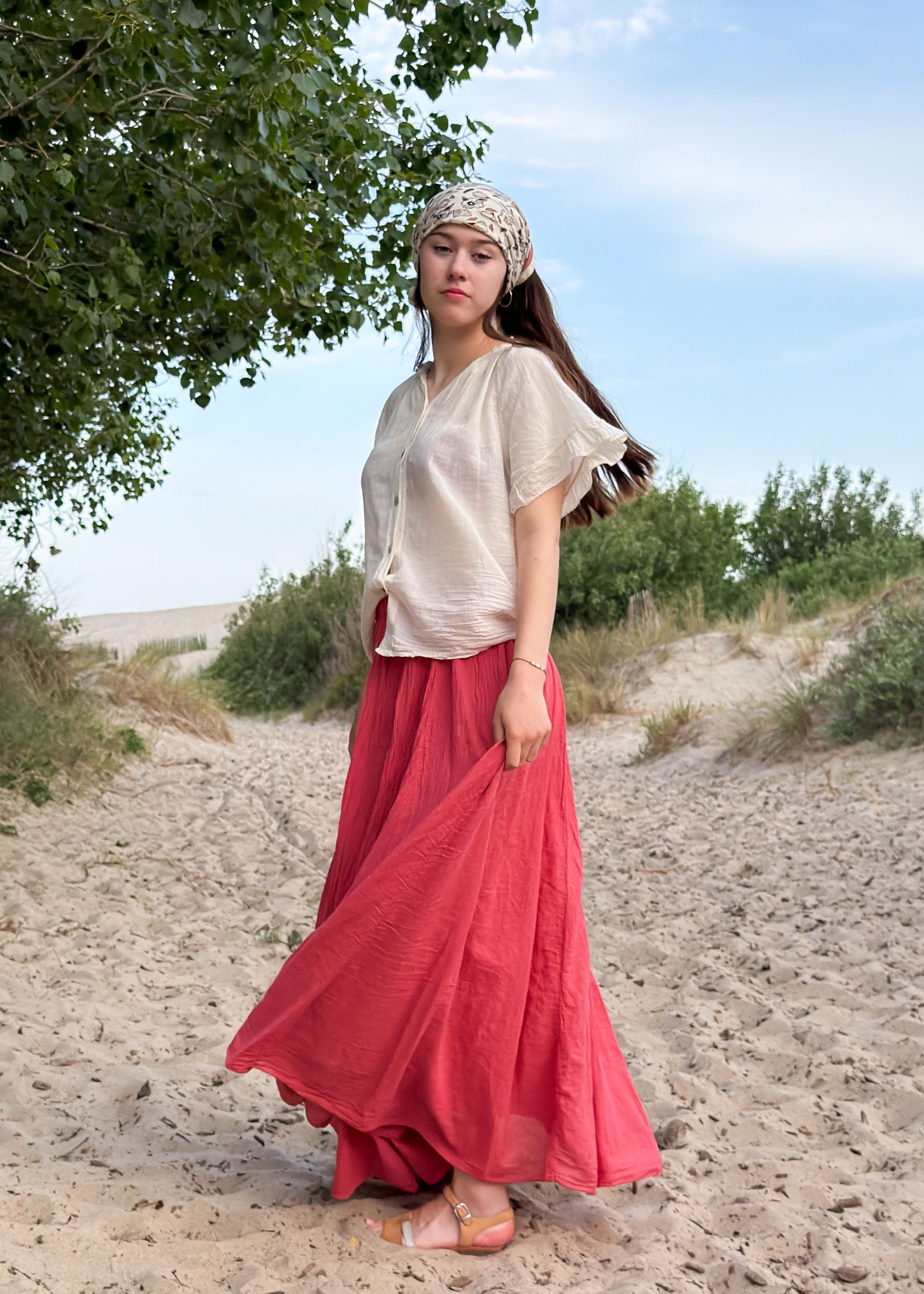 Jupe longue femme en voile de coton froissé terracotta, coupe fluide, Dune & Coton — Couleur: Terracotta