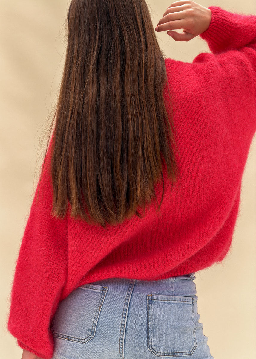 Pull Aimée femme en mohair rouge à manches longues vue de dos, coupe oversize, Dune & Coton — Couleur: Rouge Cerise