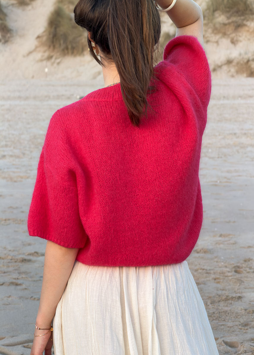 Pull femme en maille rouge cerise à manches courtes vue de dos, coupe ample, Dune & Coton — Couleur: Rouge Cerise