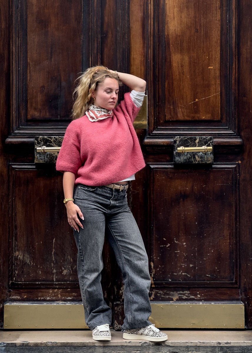 Pull femme en maille vieux rose à manches courtes, encolure ronde et coupe ample, Dune & Coton — Couleur: Terracotta
