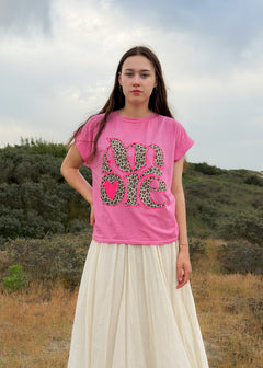 T-shirt femme en coton rose, imprimé léopard « Amore », Dune & Coton — Couleur: Rose