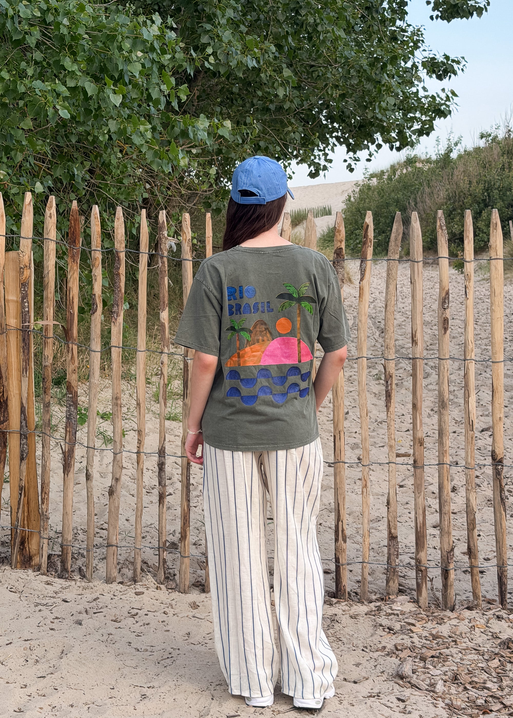 T-shirt femme en coton kaki à effet délavé, imprimé « Rio Brasil », Dune & Coton — Couleur: Kaki